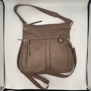 The Sak Brown Pebbled Leather Crossbody Bag Multi Pocket Braided Strap Gold Tone